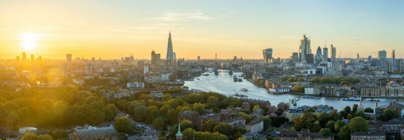 View of London skyline with sunrise