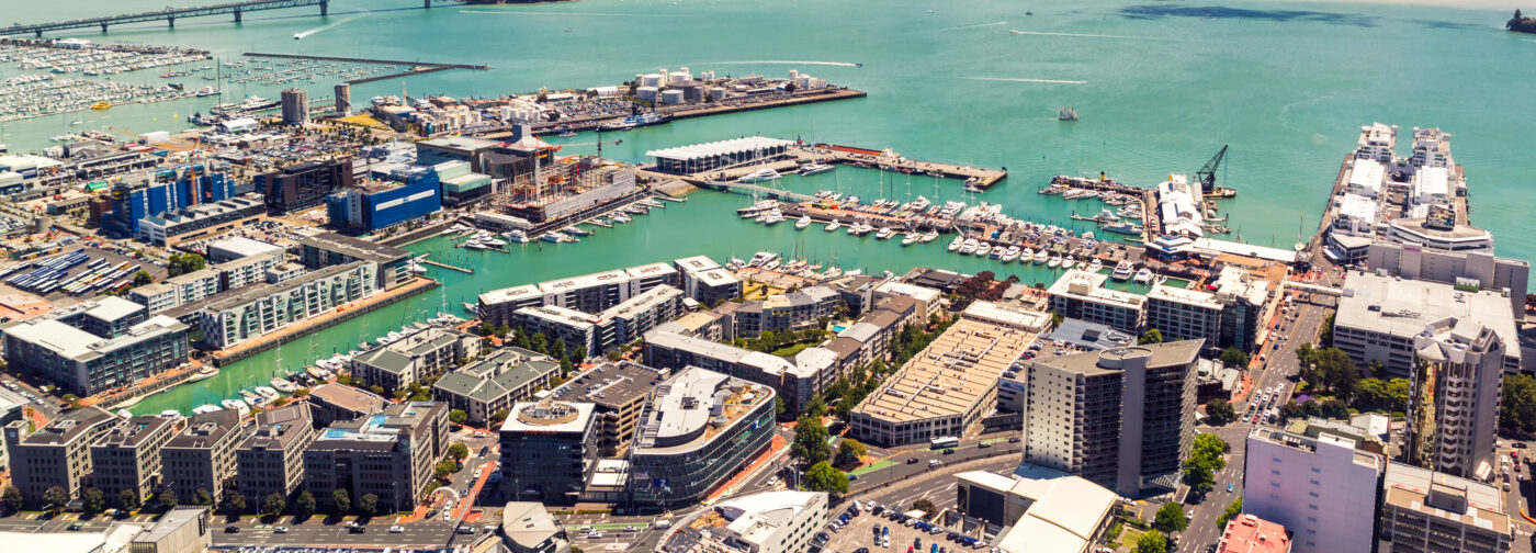 Auckland bridge and harbour view from observation deck on a sunny day